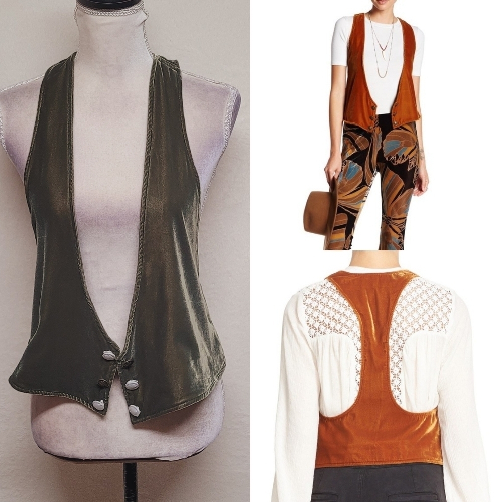 Rare Free People Velvet Vibes Sage Green Loose Fit Racerback Open Front Vest XS